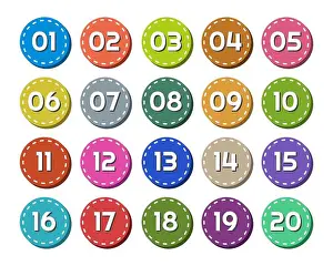 Numeration Prints: Colorful button flat numbers. From one to Twenty. White background