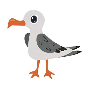 Childish Prints: Colorful cartoon seagull standing on the shore during a sunny day