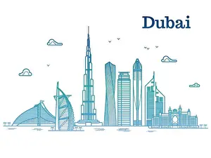 Concept Vector Vectors Prints: Colorful detailed dubai line vector cityscape with skyscrapers
