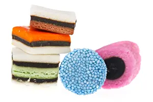 Sort Prints: Colorful English licorice candy isolated over white background