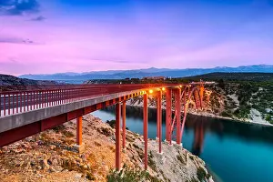 Gloaming Prints: Colorful evening view of Maslenica bridge In Dalmatia