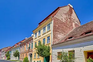 Urban Skyline Prints: Colorful facades and windows of houses in the streets of downtown Sibiu town center