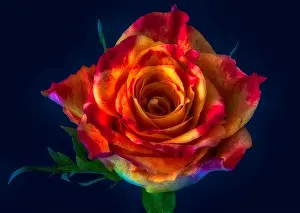 Colorful fine art still life floral macro flower image of a single isolated red yellow rose blossom