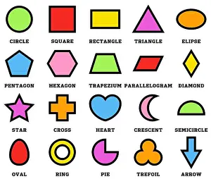 Octagon Prints: Colorful geometric shapes with their name clip art collection isolated on white background for preschool kids