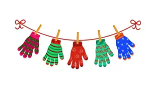 Knitted Prints: Colorful gloves hanging on clothesline