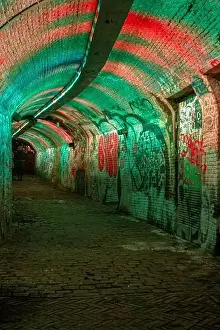 Spray Paint Prints: Colorful green, blue, pink illuminated Ganzemarkt tunnel in the centre of Utrecht