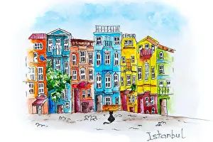 Old House Prints: Colorful houses of Balat district, Istanbul. Hand made watercolor sketch