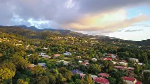 Holiday House Prints: Colorful Houses among the green trees on the Guadalupe hills, Caribbean islands