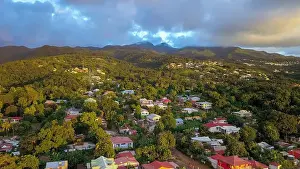 Holiday House Prints: Colorful Houses among the green trees on the Guadalupe hills, Caribbean islands
