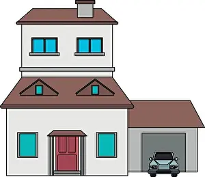 Floors Prints: colorful image cartoon facade two house floors with garage and chimney