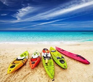 Images Dated 6th December 2011: Colorful kayaks on the tropical beach, Thailand