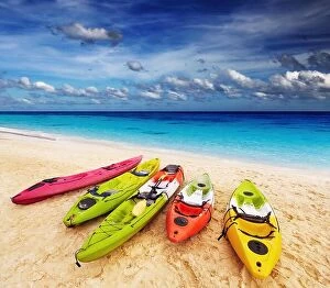 Images Dated 7th December 2011: Colorful kayaks on the tropical beach, Thailand