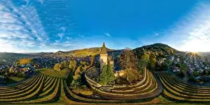 Colorful landscape 360-degree panoramic aerial view of little village Kappelrodeck in Black Forest mountains
