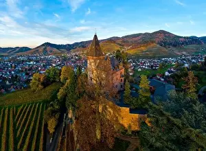 Colorful landscape aerial view of little village Kappelrodeck in Black Forest mountains