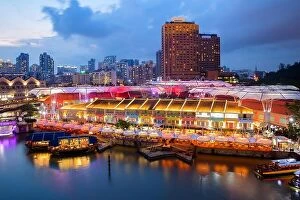 Images Dated 16th April 2017: Colorful light building at night in Clarke Quay, Singapore. Clarke Quay