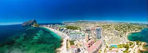 Calpe Prints: Colorful Mediterranean beach. Mountain Penyal d'Ifach. Calpe beach, Spain