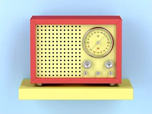 Loudspeaker Prints: Colorful retro radio on shelf, front view