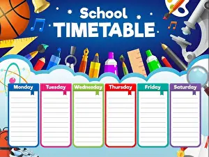 Timetable Prints: Colorful school timetable, weekly schedule with supplies and student items