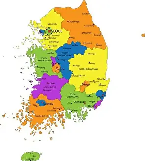 Continent Prints: Colorful South Korea political map with clearly labeled