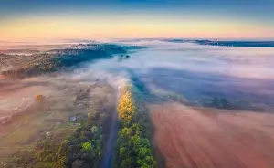 Unbelievable Prints: Colorful summer view from flying drone of Ukrainian countryside with field of wheat and asphalt road