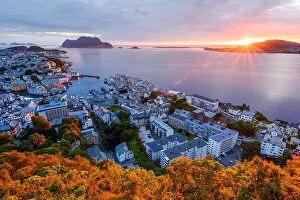 Images Dated 15th July 2017: Colorful sunset in Alesund port town on western coast of Norway