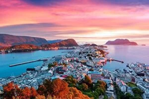 Images Dated 15th July 2017: Colorful sunset in Alesund port town on western coast of Norway