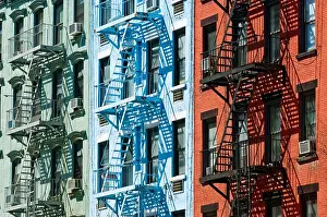 American United Prints: Colorful tenement apartment buildings with fire escapes in New York City