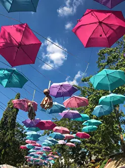 Parasol Prints: The colorful umbrellas hang over the street at Chatuchak Market, Bangkok, Thailand