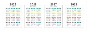 2028 Prints: Colorful USA calendar set, year 2025 2026 2027 2028 planner