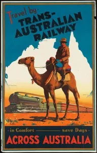 Colorful vintage travel poster of Trans-Australian Railway, Australia