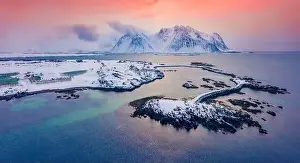 Nordland Prints: Colorful winter view from flying drone of small fishing village - Hovsund