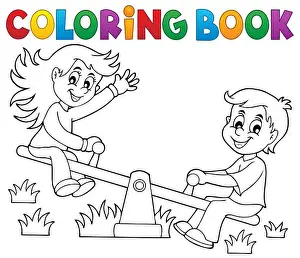 Drawing Art Prints: Coloring book children on seesaw theme 1 - picture illustration