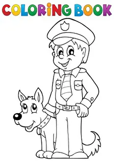 Permission Prints: Coloring book policeman with guard dog