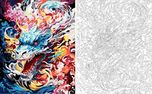 Art Therapy Prints: Coloring by numbers, Black and white dragon drawing