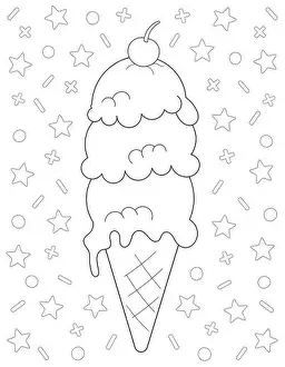 Waffle Prints: coloring page with a big ice cream cone with 3 scoops and a cherry on top
