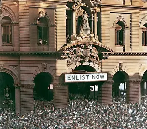 World War I Prints: Colorized view of a crowd gathered in Martin Place for a WWI Recruitment Rally