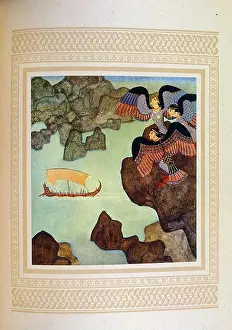 Homer Prints: Coloured Illustration of the three sirens calling Odysseus on his way back from Troy