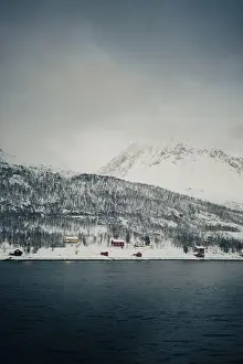Brim Prints: Colourful cabins on the snowy bank by the arctic ocean in Norway Lyngen Alps