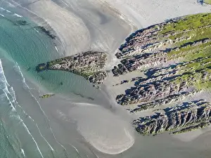 Top Down Prints: Colourful rocks on the coast, aerial view, Varanger, Barents Sea, Finnmark, Norway, Europe