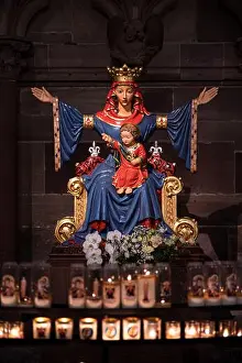 Temple Architecture Prints: Colourful statue of the Virgin Mary and Jesus in Strasbourg Cathedral, France