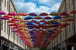 Somerset Prints: Colourful Umbrellas In A Street In Bath City Centre Somerset England UK