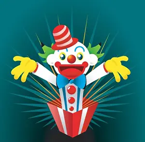 Multi Colored Prints: colourfull clown comes out of a gift box