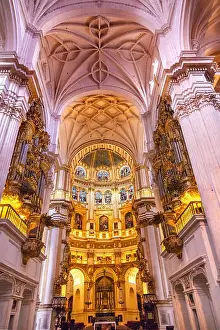 Seville Prints: Columns, stained glass in cathedral