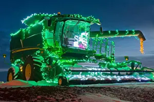 Inflatable Prints: combine harvester with Christmas lights, Manitoba, Canada