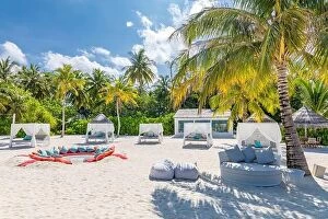 Images Dated 16th December 2018: Comfortable chaise with canopy on vip beach seascape. Relaxation zone