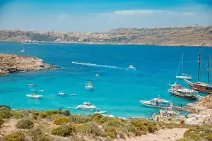 Comino Prints: Comino, Malta - May 9, 2019: Panorama beach Blue Lagoon