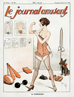 Gymnasium Prints: The Comparison, 1928 illustrated French comic magazine cover with a lady in her home gym comparing her bicep muscles to