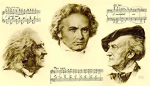 The composers Franz von Liszt, Ludwig van Beethoven and Richard Wagner. Drawing by K. J. Boehringer