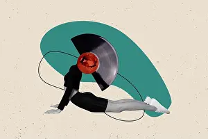 Flexibility Prints: Composite collage image of female stretching yoga pose sportive lifestyle gym vinyl record instead head freak bizarre