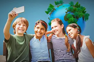 Friendliness Prints: Composite image of happy children taking selfie at park